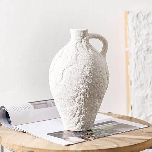 Ceramic Vase with Handles, 10.4inch Tall White Rustic Large Farmhouse Terracotta Vase for Home Boho Decor, Room Table Centerpiece, Living Room, Vintage Pottery Gifts, Bathroom