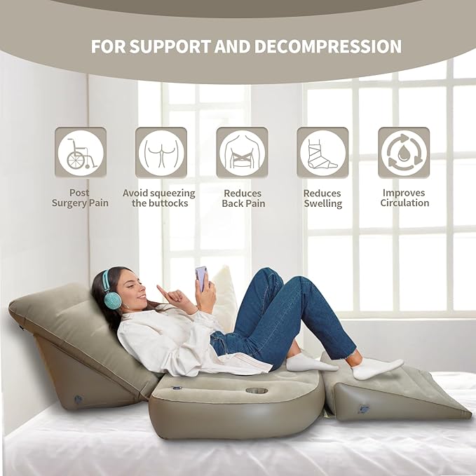 Nevife Inflatable 3pcs Bed Wedge Pillow Set with Hole-Reading Pillow&Back Support,Leg Pain Relief,Adjustable Pillows for Acid Reflux,GERD,Sleeping,Leg,Back Support-Restful Sleep and Travel (Brown)