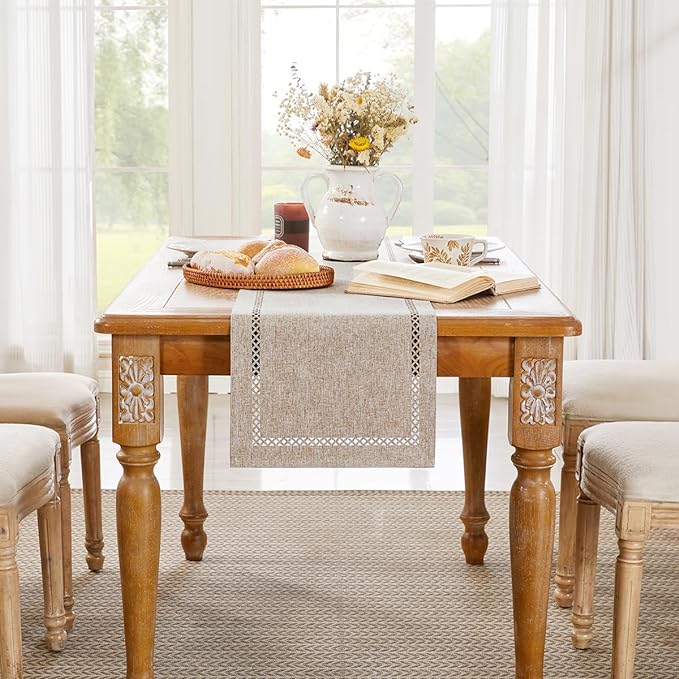 Burlap Style Farmhouse Table Runner, 13 x 60 Inch Coffee, Rustic Geometric Hollow Table Runners 60 Inches Long for Dresser Table Everyday Use, 13x60 Inches, Coffee