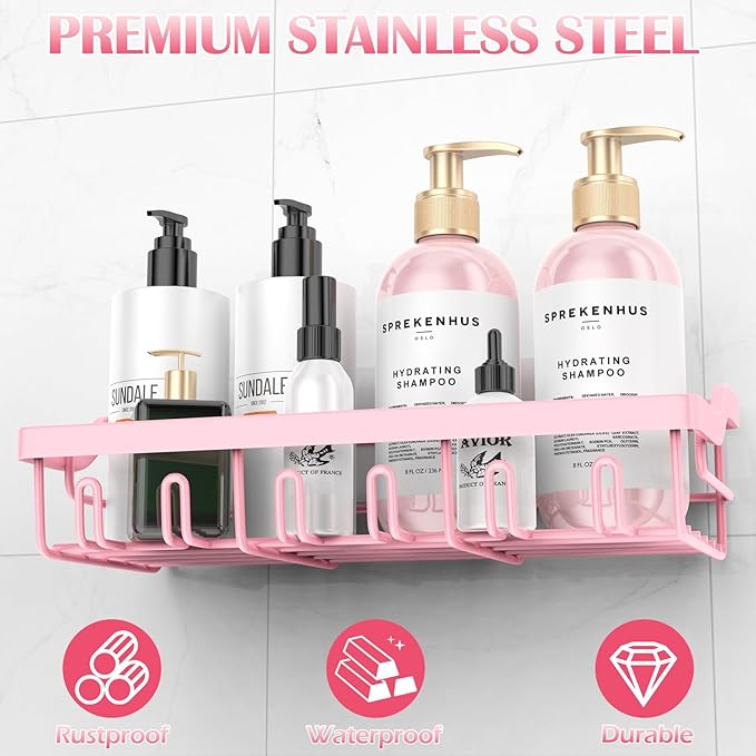 2 Pack Shower Caddy, Adhesive Shower Organizer for Bathroom Storage, Rustproof Stainless Steel Shower Shelves, No Drilling, Large Capacity Shower Rack Shelf for Inside Shower, Pink