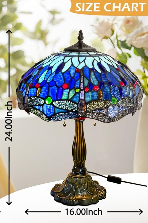KY&BOSAM Tiffany Dragonfly Table Lamp Tiffany Style Table lamp Stained Glass Style Desk Lamps 24 Inch Tall Glass 16 Inch Wide Lamp Shade Beside Lamp 2 Bulb Antique Zinc Base for Home Bedroom Decor