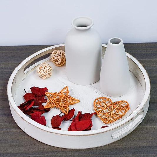 Round Wood Decorative Tray, Wooden Tray for Ottoman Coffee Table, White Washed Tray, Rustic Table Centerpiece Trays for Home Kitchen Farmhouse Table Decor (Round)