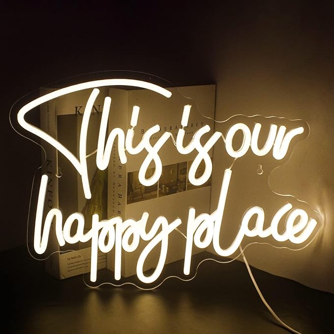 NOSUN This is Our Happy Place Neon Sign Happy Place Neon Signs for Wall Decor Dimmable Warm White LED Signs for Bedroom Classroom Man Cave Home Bar Birthday Party Game Zone Decor Neon Classroom Sign