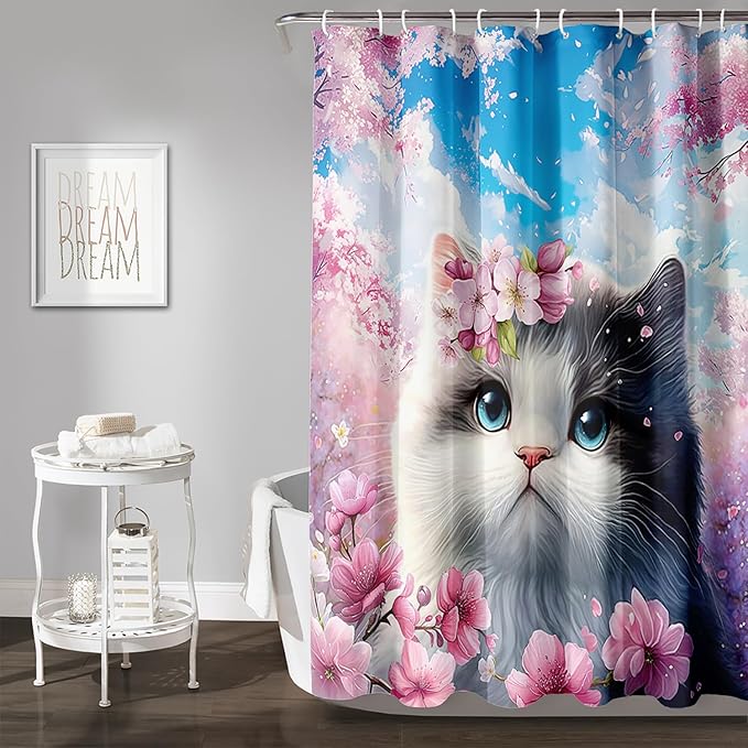 AILONEN Lovely Cat Shower Curtain Set, Pink Cherry Blossom Waterproof Fabric Shower Curtain for Kids Boys Girls,Fat Kitty Cloth Shower Curtain for Bathroom,48" W*72" H