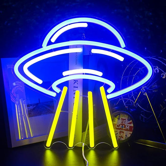 UFO Alien Spaceship LED Neon Light Signs Blue Yellow Neon Acrylic Wall Light Signs for Bedroom Kids Astronomy Lovers School Science Museum Decoration，Game Room, Aesthetic Room, Living Room Decor