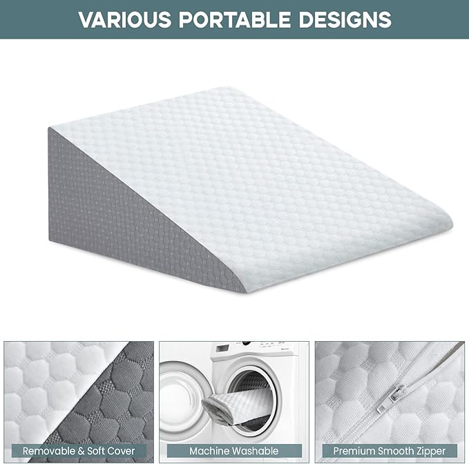 Bed Wedge Pillow, 8" 24" 24" Triangle Pillow Wedge, Cooling Memory Foam Top, Elevated Support Wedge Pillow for Relieving Acid Reflux, Heartburn, Snoring and GERD