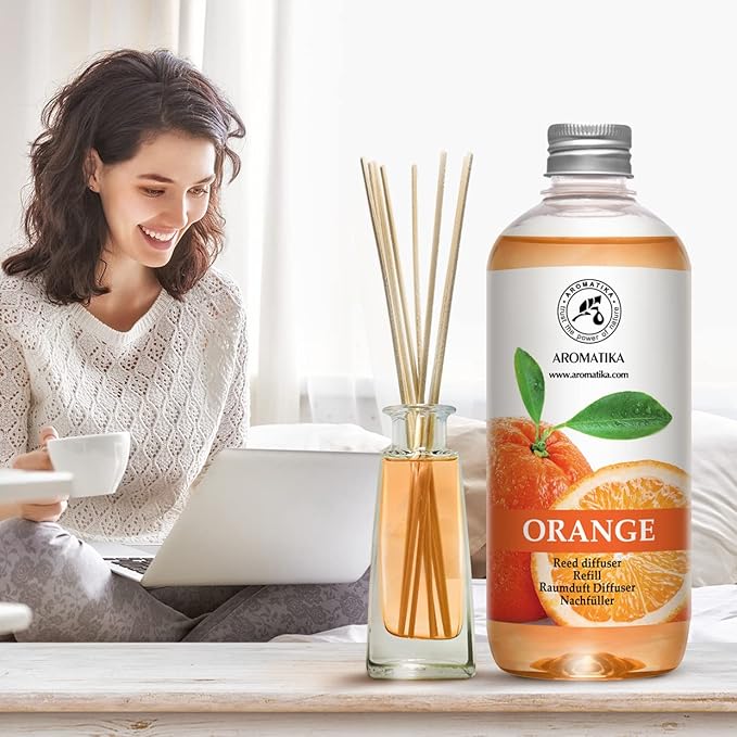Orange Reed Diffuser Refill 17 Fl Oz (500ml) - Room Fragrance Diffuser with Natural Essential Orange Oil - Best for Aromatherapy - Reed Diffuser Oil Refill Orange for Spa - Home - Kitchen - Office