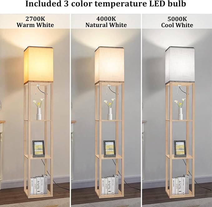 Dott Arts Floor Lamp with Shelves, Floor Lamps for Living Room Decor Display Shelf Lamps with 3 Color LED Bulb, Modern Floor Lamp for Bedroom Standing Lamp for Living Room Office,Home Decor（Burlywood）