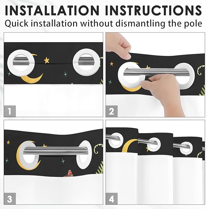 Mushroom Floral Flower No Hook Shower Curtain with Snap in Liner, Red Black Leaf Moon Bath Curtain with Double Layers Waterproof Fabric and Mesh Top Window 71x74 Inch