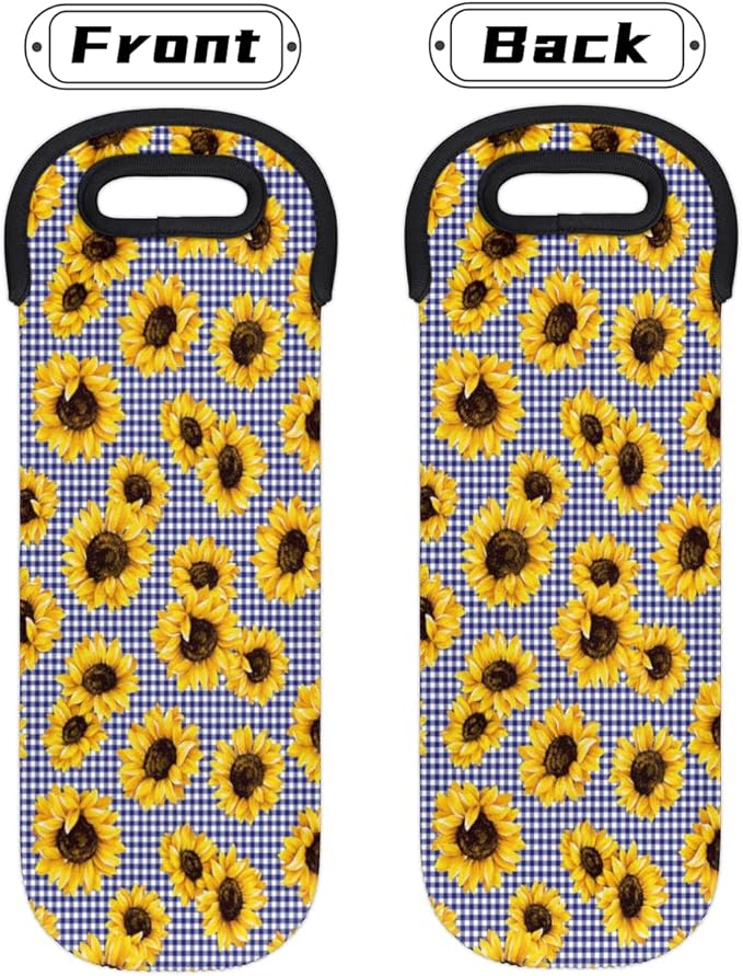 Sunflower Checked Single Bottle Wine Gift Tote Carrier Neoprene Wine Tote Bags Holder Cooler Wine Lover Gift