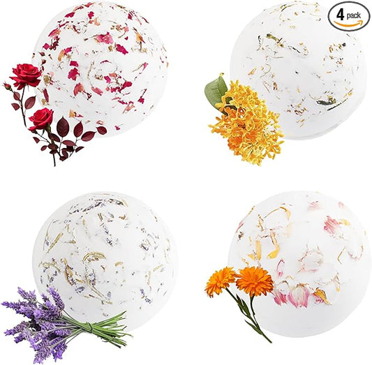 4 Pack Bath Bombs for Women Garden Collection Spa Gift Set with Natural Chamomile Lavender Rose Sea Salt Relaxing Moisturizing Birthday Gift for Her Bubble Bath Skincare