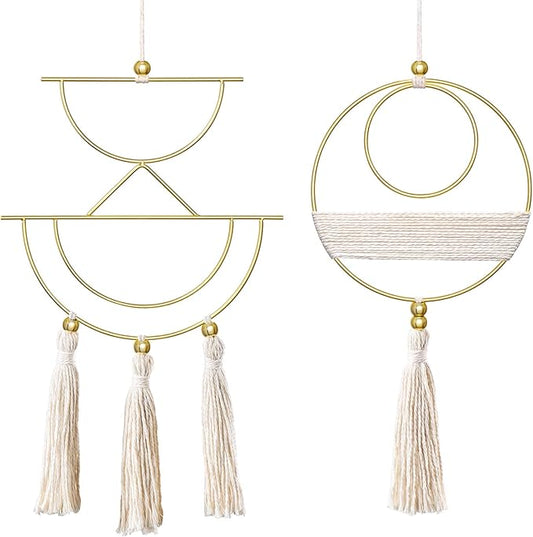 Mkono 2 Pcs Small Macrame Wall Hanging Boho Decor Cute Home Art Ornament with Gold Metal Ring for Bedroom Living Room Nursery Bathroom, 15''H x 10''W and 14''H x 8''W, Small