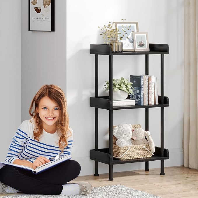 Hosfais Bookshelf Small Book Shelf, 3 Tier Wood Bookcase Industrial Bookshelf with Edge Protection Metal Standing Book Shelves Display Book Rack for Living Room Bedroom Home Office (Black)