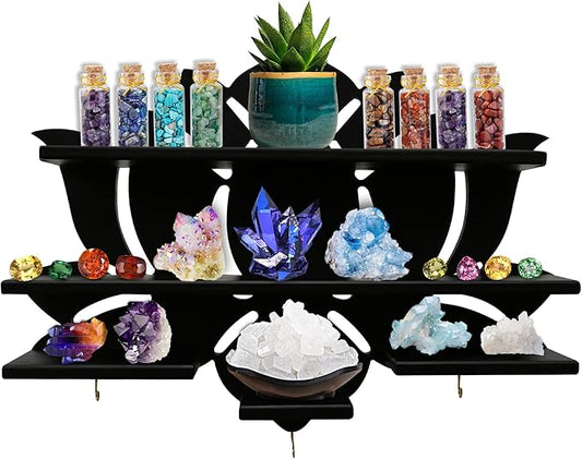 Chakral Wooden Lotus Flower Shelf for Crystals - Floating Crystal Display Shelf & Holder, Wall Decor for Bedroom Aesthetic, Pinewood (Black)