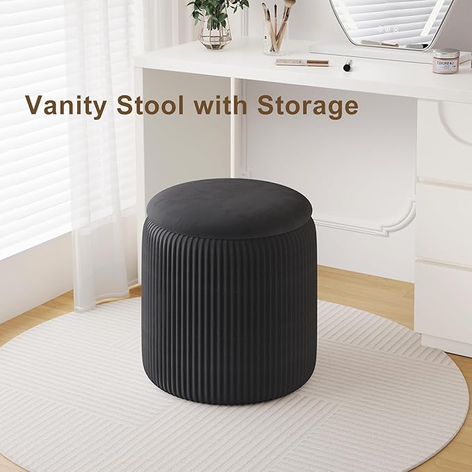 Black Velvet Ottoman with Storage Set of 2, Round Storage Ottoman Foot Rest, Black Makeup Vanity Chair, Small Vanity Stool with Storage, Pouf Ottomans for Living Room, Bedroom