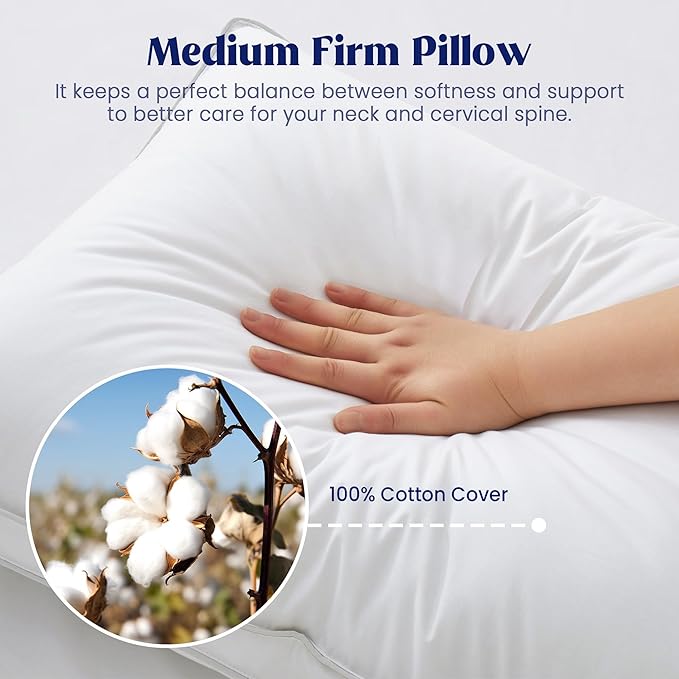 puredown® Feather Pillows with 100% Cotton Cover, Set of 2 Gusseted Bed Pillows with Silver Piping for Sleeping, Standard Size