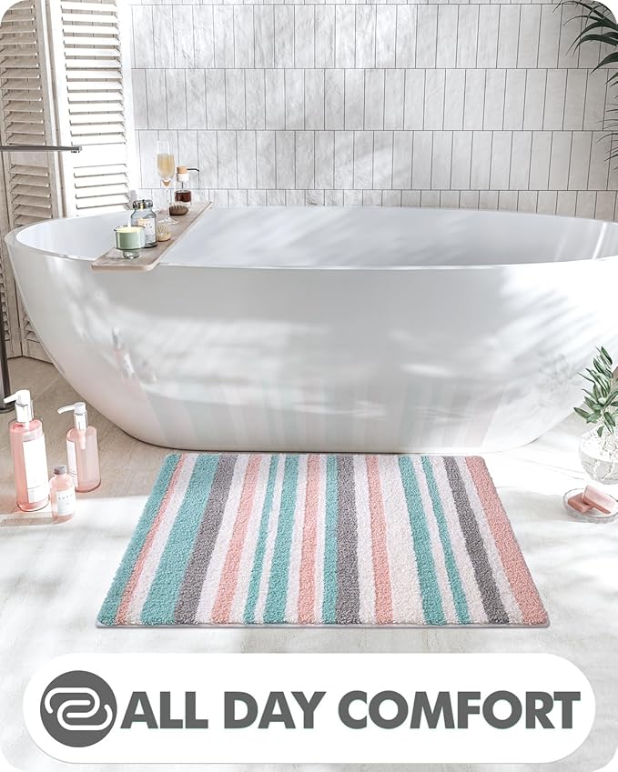 LUMI Striped Bath Rugs, Extra Soft and Absorbent Microfiber Bath Mat, Machine Wash Non-Slip for Bathtub or Bathroom Floor, 24"x43", Pink
