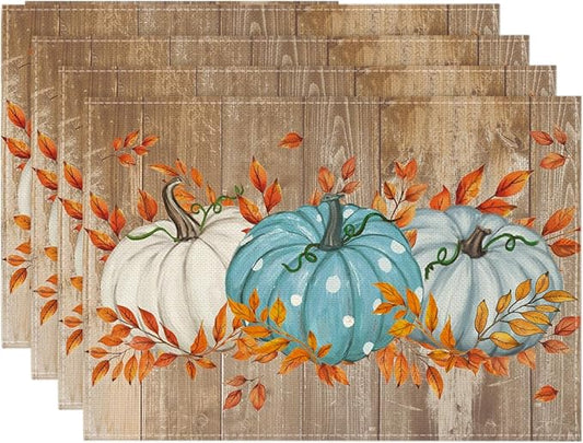 Artoid Mode Blue Pumpkin Wood Grain Fall Placemats Set of 4, 12x18 Inch Seasonal Thanksgiving Holiday Table Mats for Party Kitchen Dining Decoration