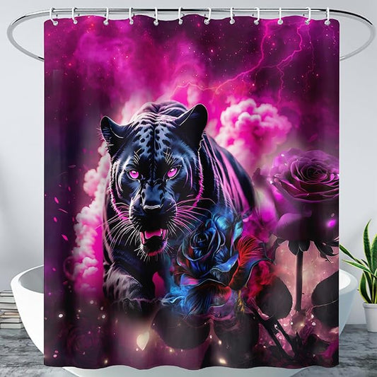 AILONEN 3D Black Panther Shower Curtain for Bathroom,Romantic Rose Smoky Leopard Printed Bath Curtain,Wildlife Cheetah Decoration Shower Curtain Waterproof 48" W*72" H