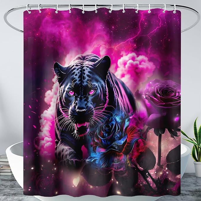 AILONEN 3D Black Panther Shower Curtain for Bathroom,Romantic Rose Smoky Leopard Printed Bath Curtain,Wildlife Cheetah Decoration Shower Curtain Waterproof 60" W*72" H