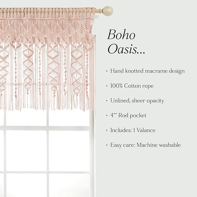 Lush Decor Boho Macrame Textured Cotton Valance, 40" W x 30" L, Blush - Boho Kitchen Curtains & Wall Decor - Macrame Valance - Bathroom Window Curtains