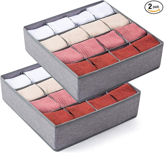 Qozary 2 Pack Socks Underwear Drawer Organizer Divider, 24 Cell or 16 Cell Collapsible Cabinet Closet Organizer Storage Boxes for Clothes, Socks, Lingerie, Underwear, Ties