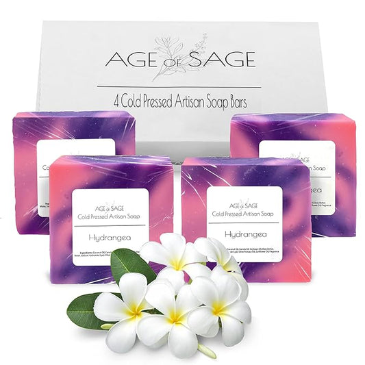 Handmade Natural Bar Soap Gift Set - 100% All Organic Vegan Bath Moisturizing Handmade Artisan Scented Cold Process Fragrant Soaps with Essential Oil - 4 Pack (Hydrangea)