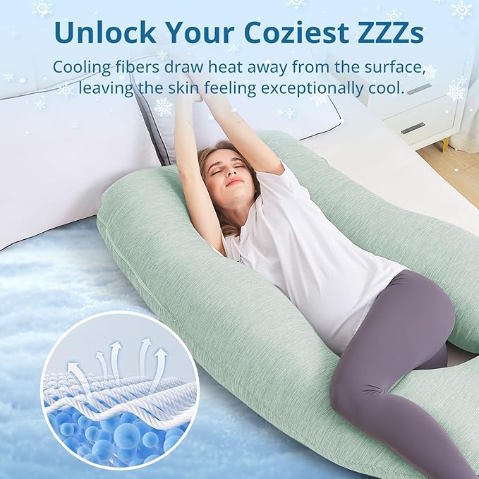 Sasttie Pregnancy Pillow Cooling, Cooling Pregnancy Pillow for Sleeping, Cooling Maternity Pillows for Pregnant Women, Pregnancy Must Haves U-Shaped Full Body Pillow with Cooling Cover, Green