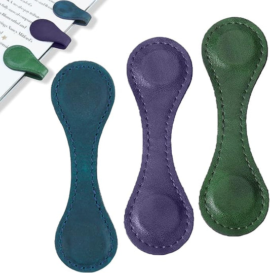 3Pcs Magnetic Leather Bookmarks for Women & Men, Vintage Faux Leather Book Mark, Double-Sided Magnetic Bookmarks Book Accessories, Book Lover Gifts for Father's Day Gift (Purple + Blue + Green)