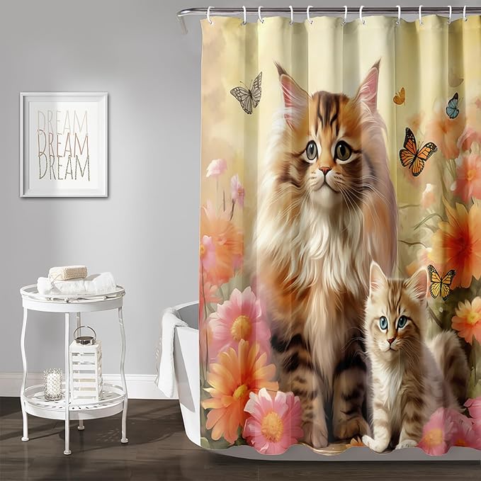AILONEN Cartoon Kawaii Cat Shower Curtain for Kids Girls, 3D Cat Mum and Son with Flower Shower Curtain for Bathroom Decor,Cat Lovers Animal Waterproof Shower Curtains Sets with Hooks,72" W*84" H