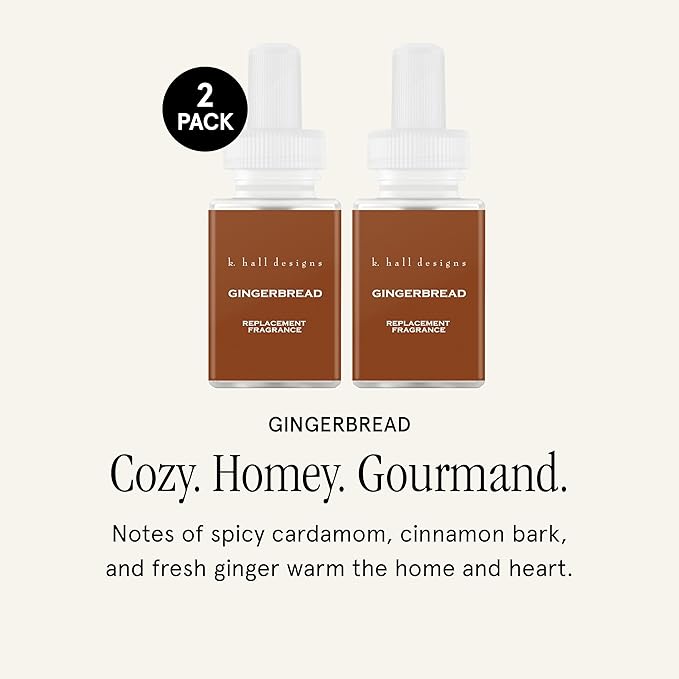 Pura & K. Hall Designs Home Scent Refill - Smart Home Air Diffuser - Up to 120-Hours of Premium Fragrance per Refill - Household Essential - Clean Diffuser Fragrance - 2 Pack, Gingerbread