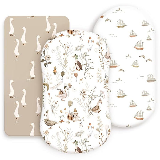 GRSSDER Stretchy Ultra Soft Fitted Bassinet Sheets 3 Pack, Universal Fitted for Oval Rectangle Bassinet Mattresses Safe and Snug, Stylish Bassinet Sheet Gender-Neutral Print for Baby
