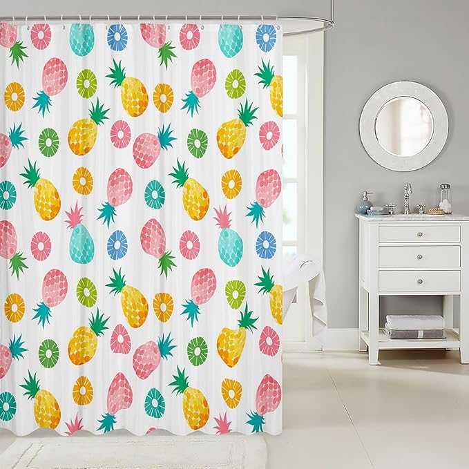 Feelyou Pineapple Shower Curtain Colorful Fruits Fabric Shower Curtain for Kids Boys Girls Tropical Pineapple Bathroom Waterproof Accessories with 12 Hooks Watercolor Curtains,72X84 Inches