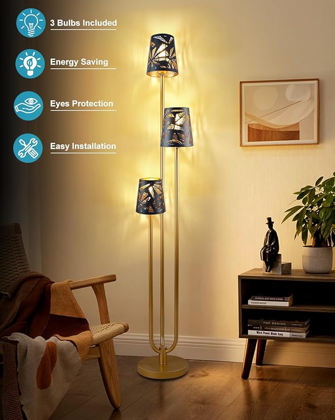 63IN Floor Lamp with Metal Shade, Unique Gold Tall Standing Lamps with 3 Poles, 3000K Warmwhite Mid Century Modern Floor Lamp for Living Room Home Office(Bulbs Included)