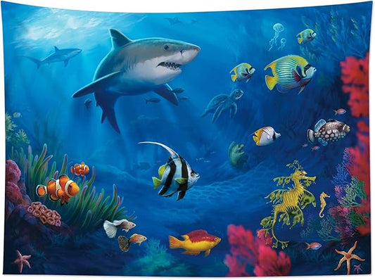 HVEST Blue Ocean Shark Tapestry Tropical Fish and Coral in Undersea World Tapestry Wall Hanging Sea Nature Landscape Wall Art for Bedroom Living Room Kids Tree Dorm Party Decor, 80W X 60H inches