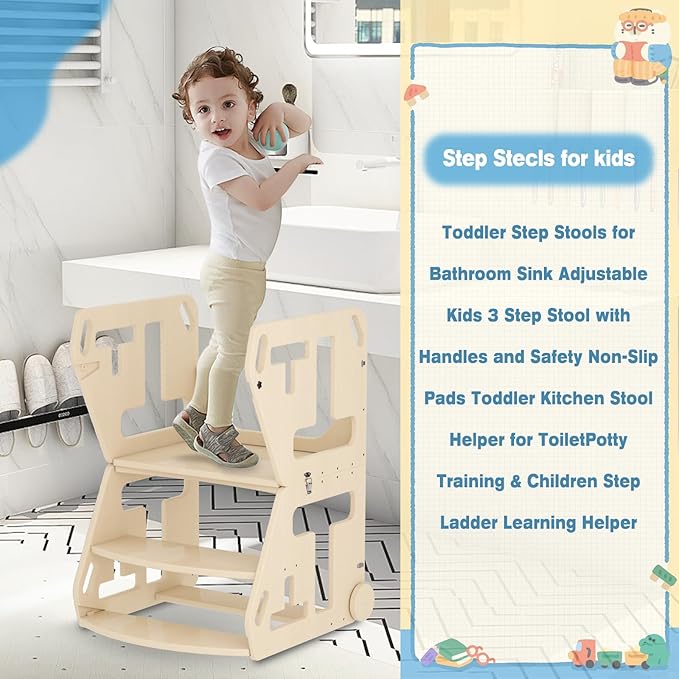 Toddler Step Stool, Potty Training Seat, 2 in-1 Toddler Learning Tower, Folding Adjustable Height Platform Toddler Step Stool with Handles and Wheels, Wooden Convertible Kids Table and Stool Set