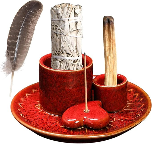 Aimery 4 in 1 Incense Burner Holder, Incense Stick & Palo Santo Holder, Ceramic Incense Holder Ash Catcher, Red
