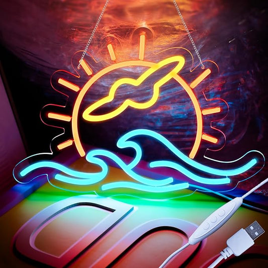 Sunset Neon Sign Seabird Neon Sign for Wall Decor, Neon Wave Sign LED Light Sign, LED Signs for Bedroom Wall, Neon Lights Signs for Man Cave Bedroom, Wedding, Living Room, Party, Bar, USB Powered with Dimmer