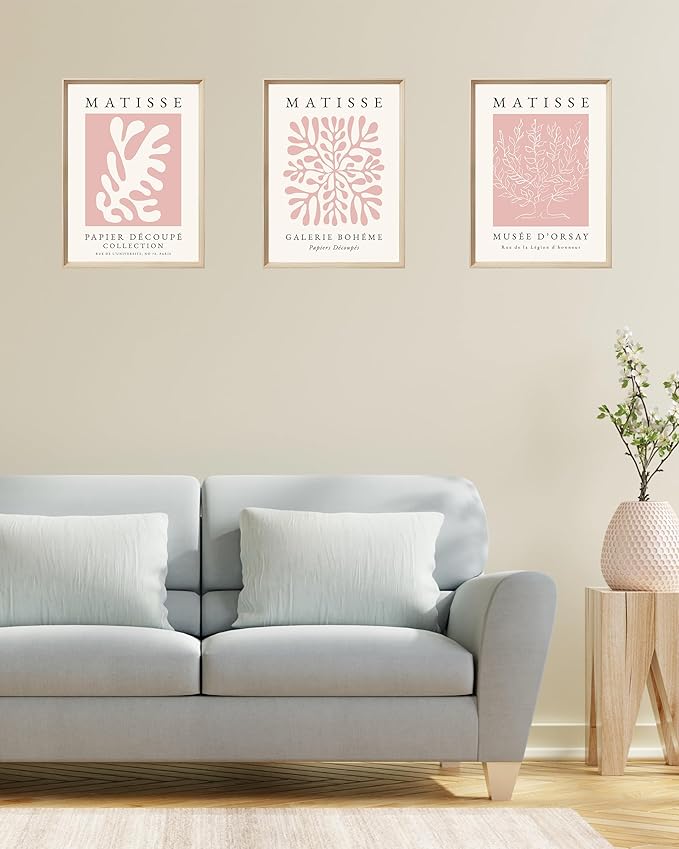 Framed Matisse Pink Canvas Wall Art,Abstract Matisse Canvas Wall Decor,16x12IN High Framed Wood Design Print,Minimalist Classic Decor Aesthetic for Living Room,Bedroom,Bathroom Set of 3