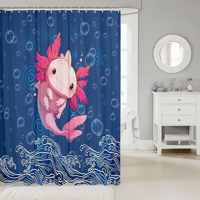 Feelyou Cute Axolotl Fabric Shower Curtain Cartoon Salamander Shower Curtain for Kids Blue Ocean Bathroom Waterproof Accessories with 12 Hooks Sea Animals Curtains,72X72 Inches