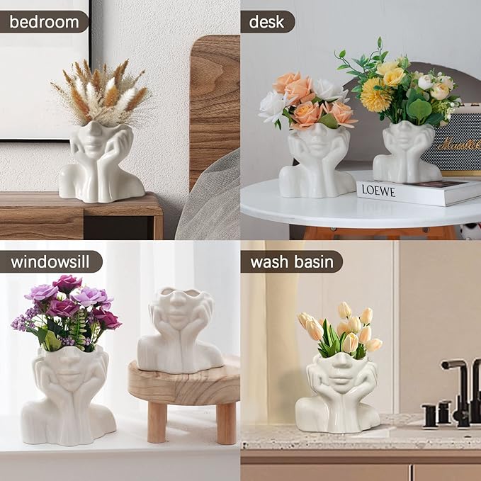 Ceramic Vases Set of 2-White Vase for Modern Home Decor, Flower Vases for Aesthetic Room Decor,Boho Decor Wedding Dinner Table Party Office Centerpiece Table Decorations (White face)