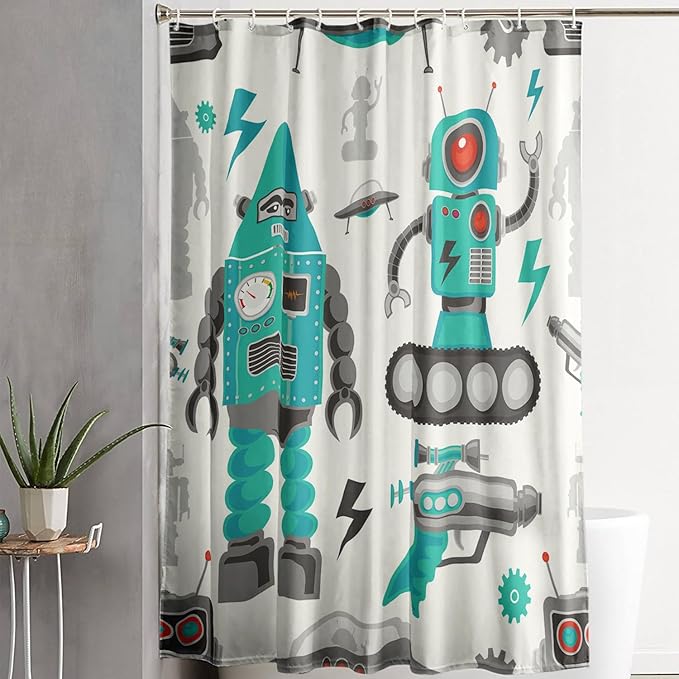 AILONEN Robot Shower Curtain,Cartoon Green Tank Robot Bathroom Decors, 72" W*84" H Logistic Robots Waterproof Shower Curtain for Boys Girls Teens Kids