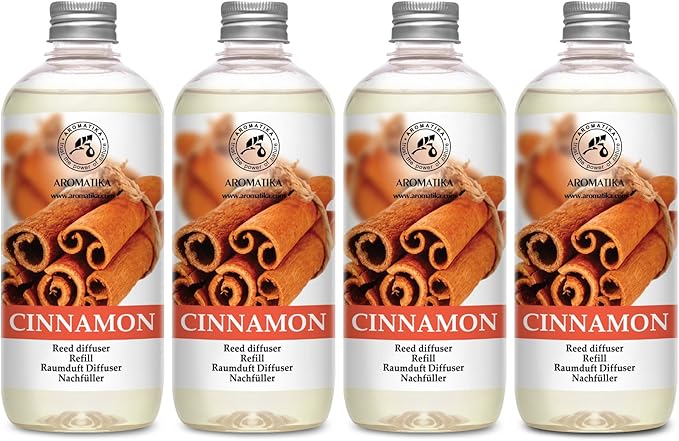 Cinnamon Reed Diffuser Refill - 4x17oz - Fresh & Long Lasting Fragrance - with Natural Essential Cinnamon Oil - Best for Aromatherapy - Home - Office - Fitness Club - Restaurant - Boutique