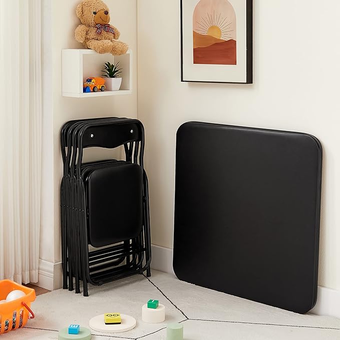 VECELO Kids Folding Activity Table and Chairs 5 Pcs, Portable, with Ultra Soft PU Padded Cushion, 5 Piece Set, Black