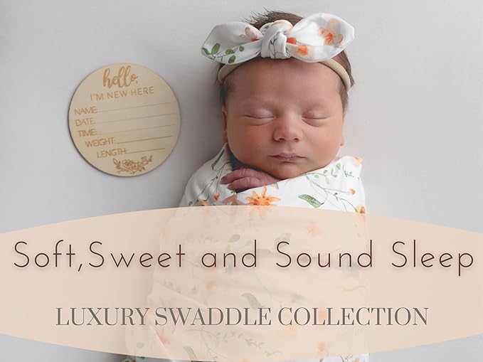 Baby Receiving Blanket Swaddle Blanket Infant Wrap with Matching Headband Beanie and Name Card (Green Leaf Flower)