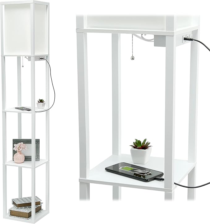Simple Designs LF1037-WHT Floor Lamp Etagere Organizer Storage Shelf with 2 USB Charging Ports, 1 Charging Outlet and Linen Shade, White