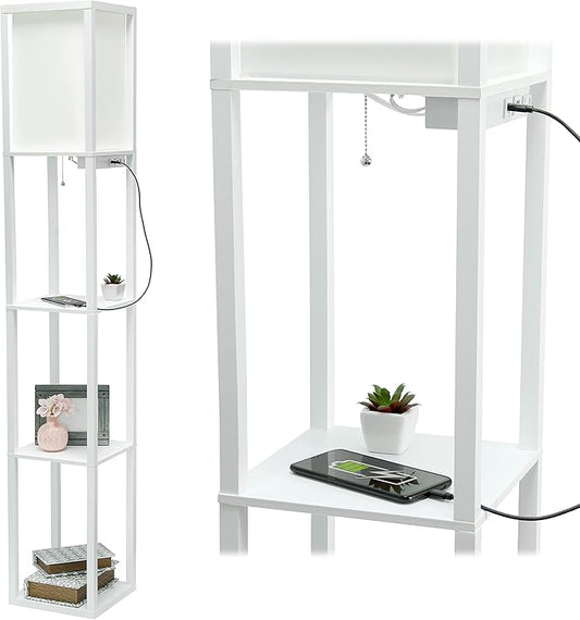 Simple Designs LF1037-WHT Floor Lamp Etagere Organizer Storage Shelf with 2 USB Charging Ports, 1 Charging Outlet and Linen Shade, White