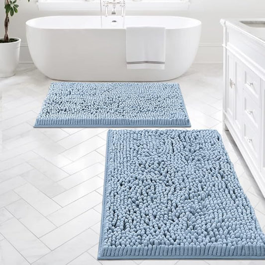 H.VERSAILTEX Bath Mat, Non Slip Luxury Chenille Bathroom Rugs, Extra Soft Absorbent Shaggy Bath Mat Rugs, Washable Fast Dry, 2 Piece (Cool Blue, 24" x 36"/20" x 32")