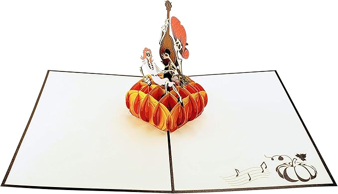 iGifts And Cards Day of the Dead Pop-Up Card – 3D Música de Calacas on Pumpkin – 6" × 8" Laser-Cut Greeting for Día de los Muertos, Remembrance & Celebration