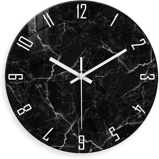 Big Wall Clock for Living Room Decor Marble Glass Wall Clock Battery Operated 16 Inch Black Wall Clock Non Ticking
